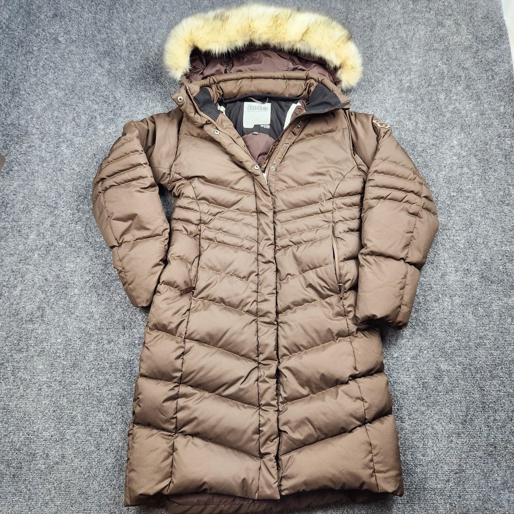 Lole Down Parka Coat Womens 4 Brown Fur Trim Hooded Long Puffer Jacket‎